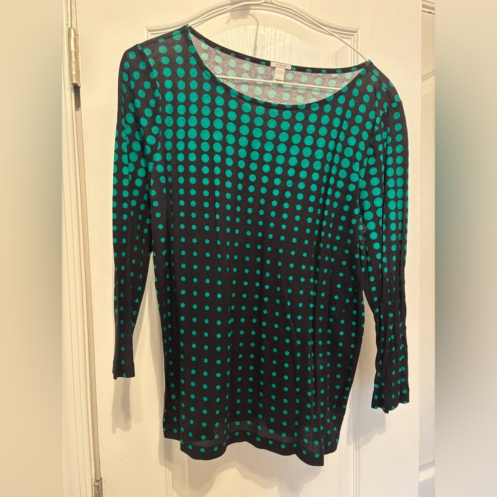 J Crew Optic Dot Polka Dot Boatneck 3/4 Sleeve Tee Top size M